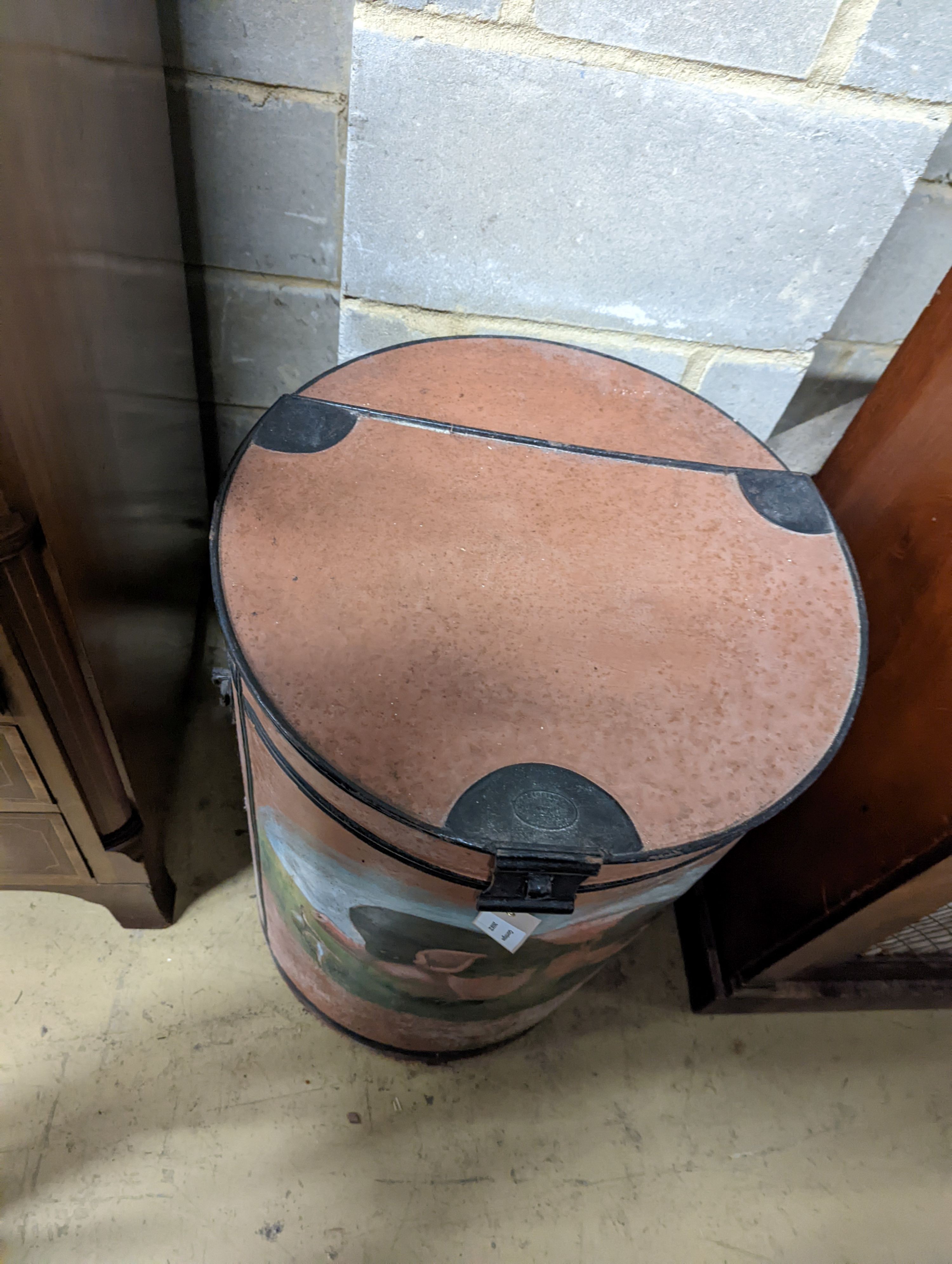 A painted tin bin decorated with a pig, diameter 47cm, height 70cm